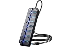 USB 3.0 Hub, PANPEO 7-Port USB Data Hub Splitter with 3ft Long Cable USB Extension for Laptop,PC Computer,Surface Pro, PS4/5, Flash Drive, Mobile HDD - with LED Individual On/Off