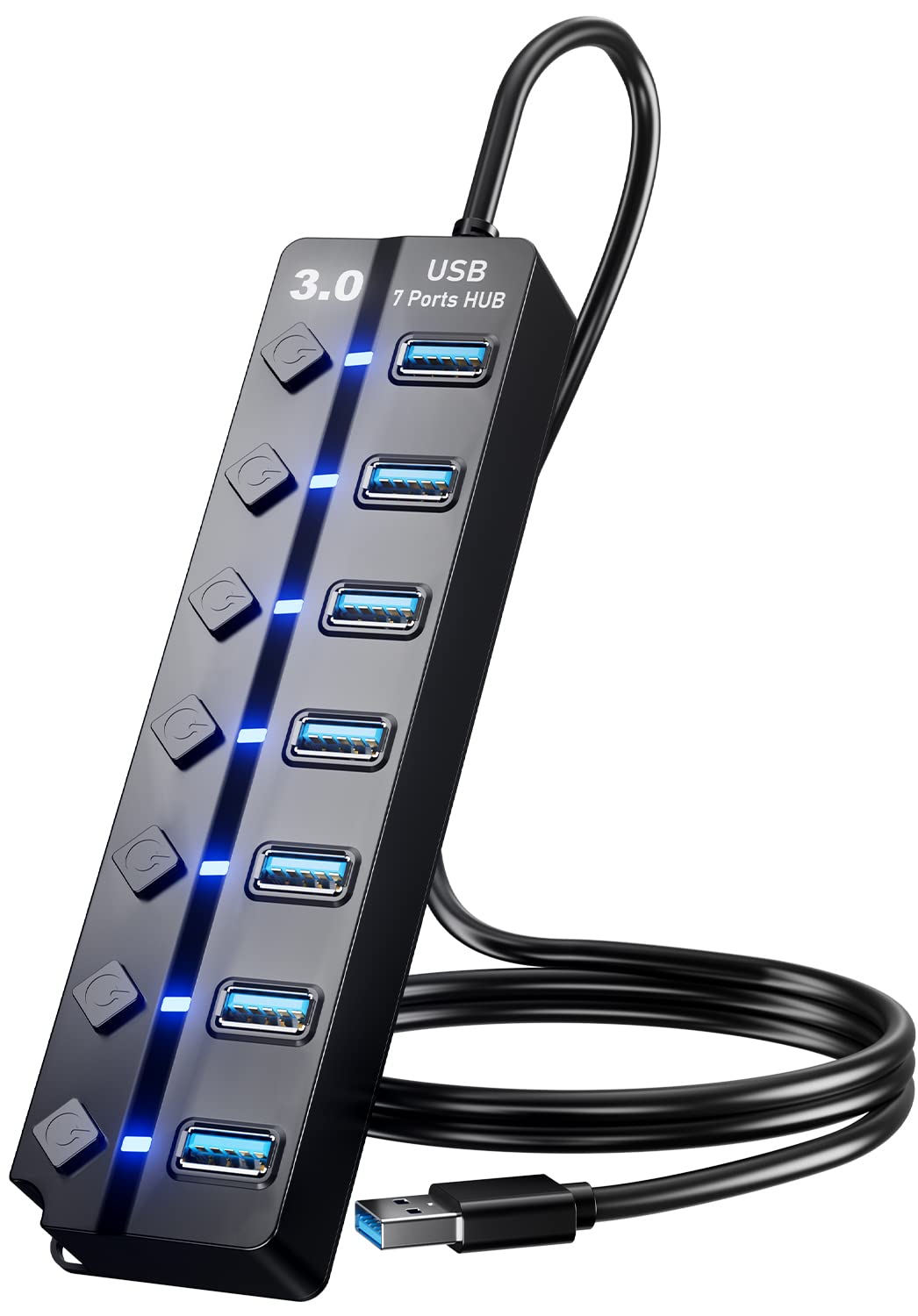 Photo 1 of ***UNTESTED*** USB 3.0 Hub, PANPEO 7-Port USB Data Hub Splitter with 3ft Long Cable USB Extension for Laptop,PC Computer,Surface Pro, PS4/5, Flash Drive, Mobile HDD - with LED Individual On/Off
