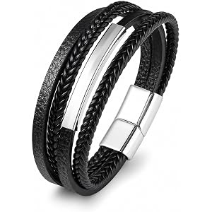 Men's Multi Strand Woven Bracelet, Black Woven Wristband With Silver And Black Stainless Steel Buckle, Punk Retro Bicycle Wri