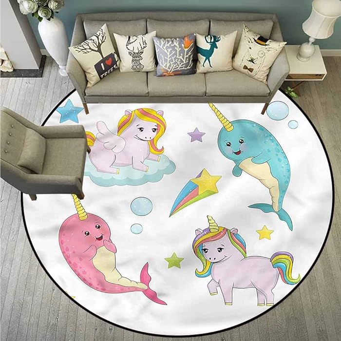 Area Round Rugs,Narwhal,Colorful Rainbow Animal,for Outdoor and Indoor,2'11"