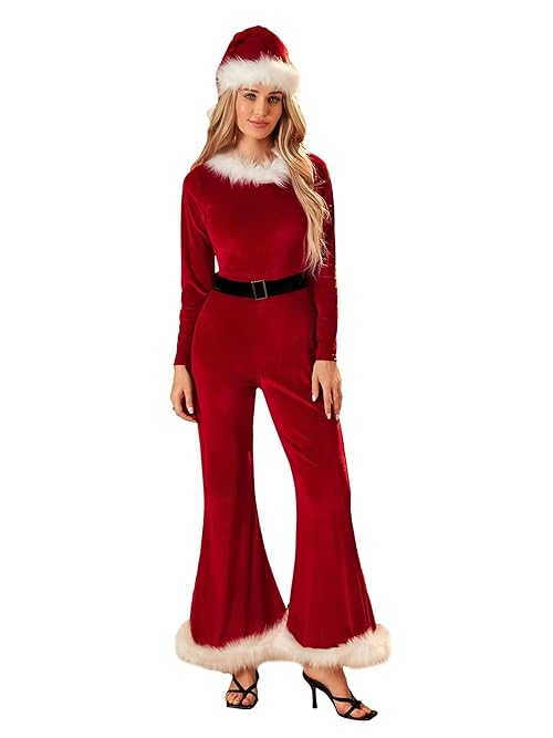 ensswliz Women Christmas Santa Costume Long Sleeve Flared Jumpsuit with Santa Hat Set Velvet Mrs. Claus Cosplay Outfits (Red, L)