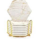 WKHOKI Marble Coasters Set of 8 - Super Absorbent Drink Coasters with Cork Backing | Heat-Resistant Bar Coaster for Tables | Luxury Gold-Accented Stone Design Coaster for Living Room & Dining Room