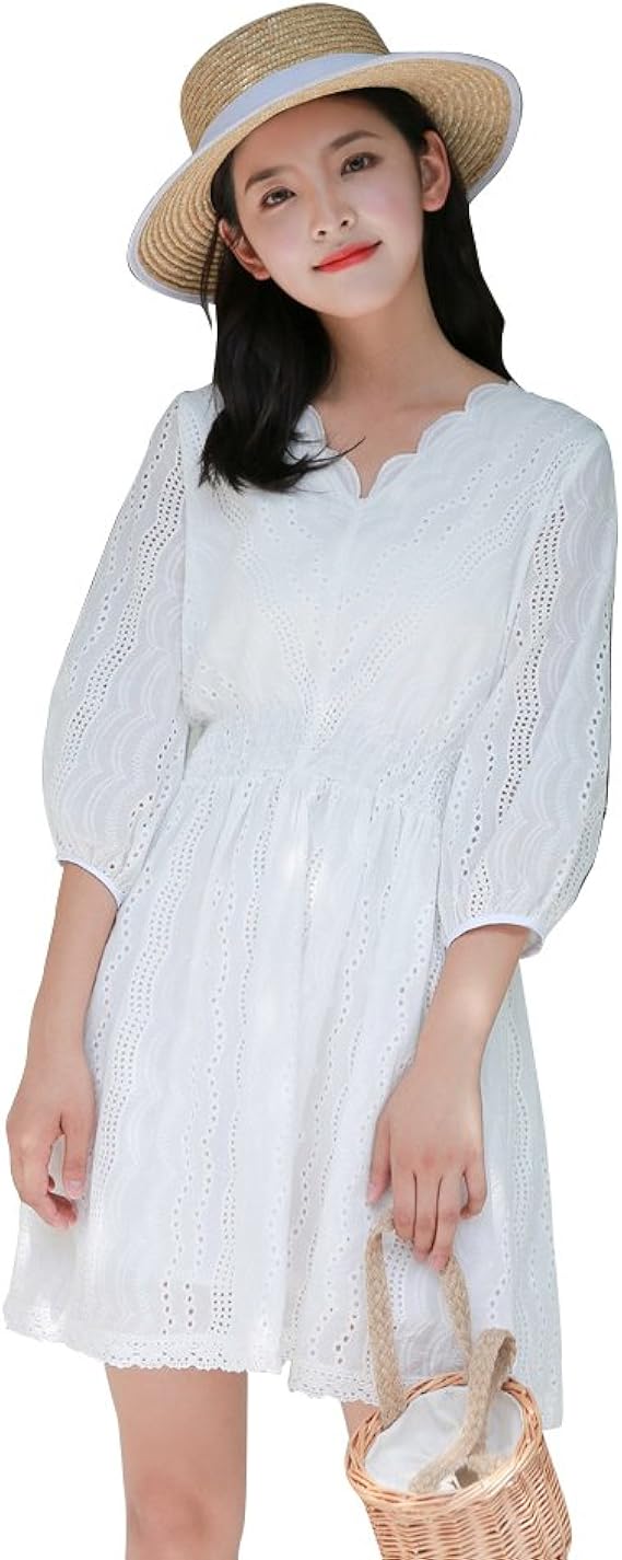 Amazon Co Jp レディース ワンピース 夏 七分袖 オープンショルダー V襟 Aライン 刺繍 の爽やかな透け感 可愛い洋服 ミニ丈 ワンピース Omid ホワイト M 服 ファッション小物