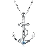 925-Sterling-Silver Sailor Anchor Necklace for Women - White Gold Plated Engraved Ship Nautical Jewelry Chain Faith Hope Love Inspirational Navy Blue Heart Cubic Zirconia Pendant Gifts