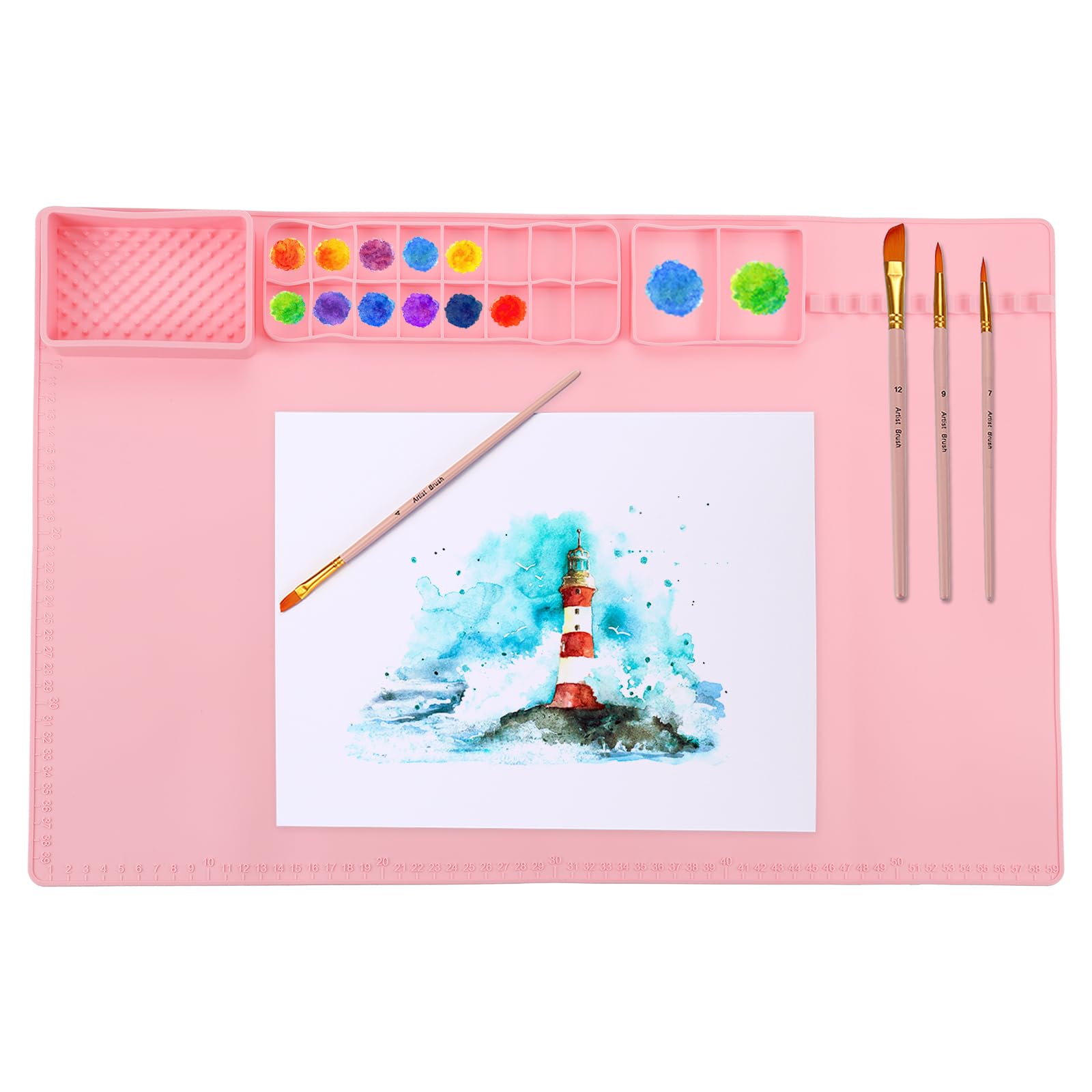 PATIKIL 24" x 16" Silicone Craft Mat, Nonstick Silicone Painting Sheets Art Mats for Resin Drawing DIY Clay, with 16 Color Dividers Brush Holder and Cleaning Cup, Pink
