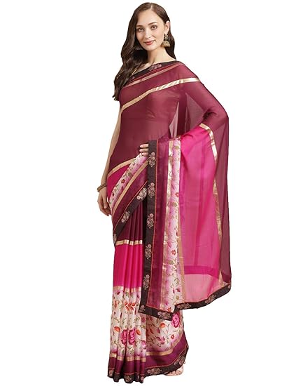 Shaily Womens Georgette Floral Print with Printed Lace Border Saree[Multi]