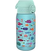 ION8 Small Water Bottle, 350 ml/12 oz, Leak Proof, Easy to Open, Secure Lock, Dishwasher Safe, BPA Free, Carry Handle, Hygienic Flip Cover, Easy Clean, Odor Free, Carbon Neutral, Blue, Fish Design