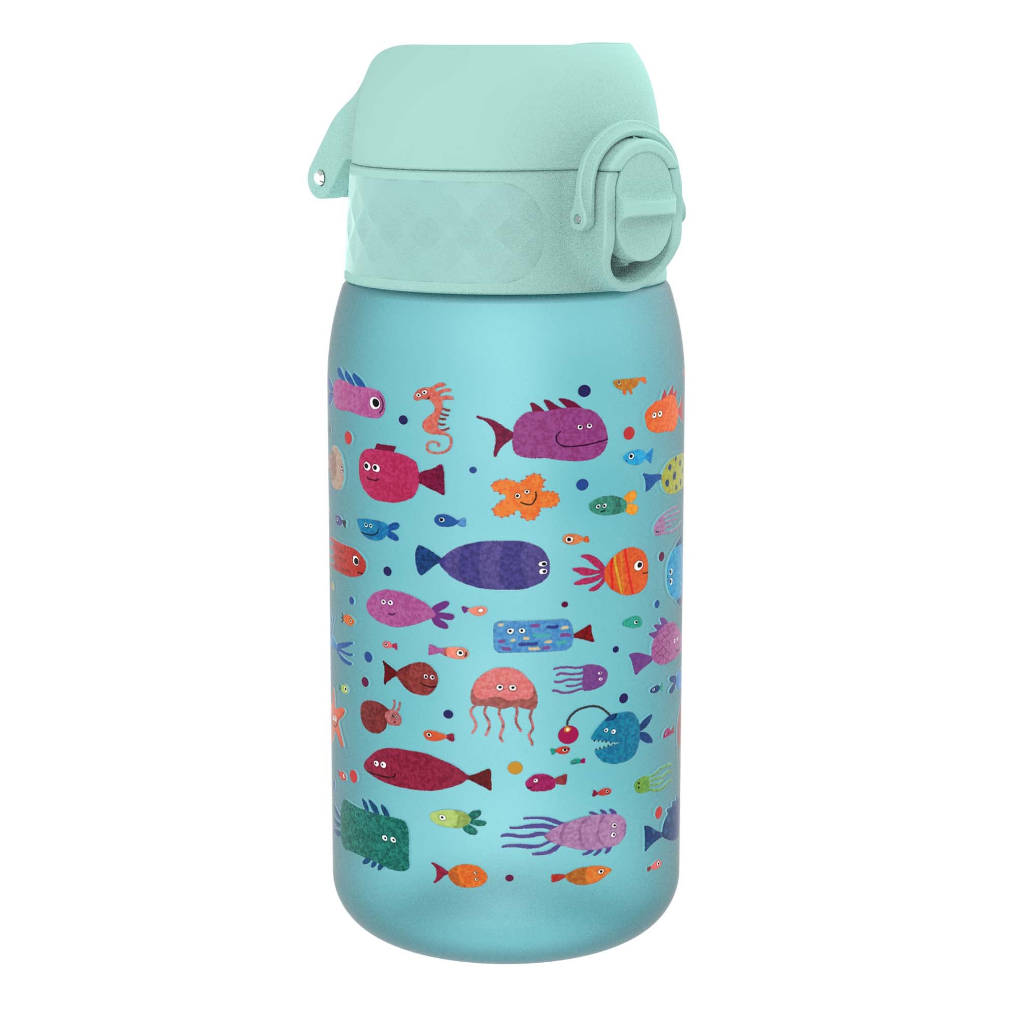 Ion8 Kids Water Bottle, 350 ml/12 oz, Leak Proof, Easy to Open, Secure Lock, Dishwasher Safe, BPA Free, Carry Handle, Hygienic Flip Cover, Easy Clean, Odour Free, Carbon Neutral, Free Fish