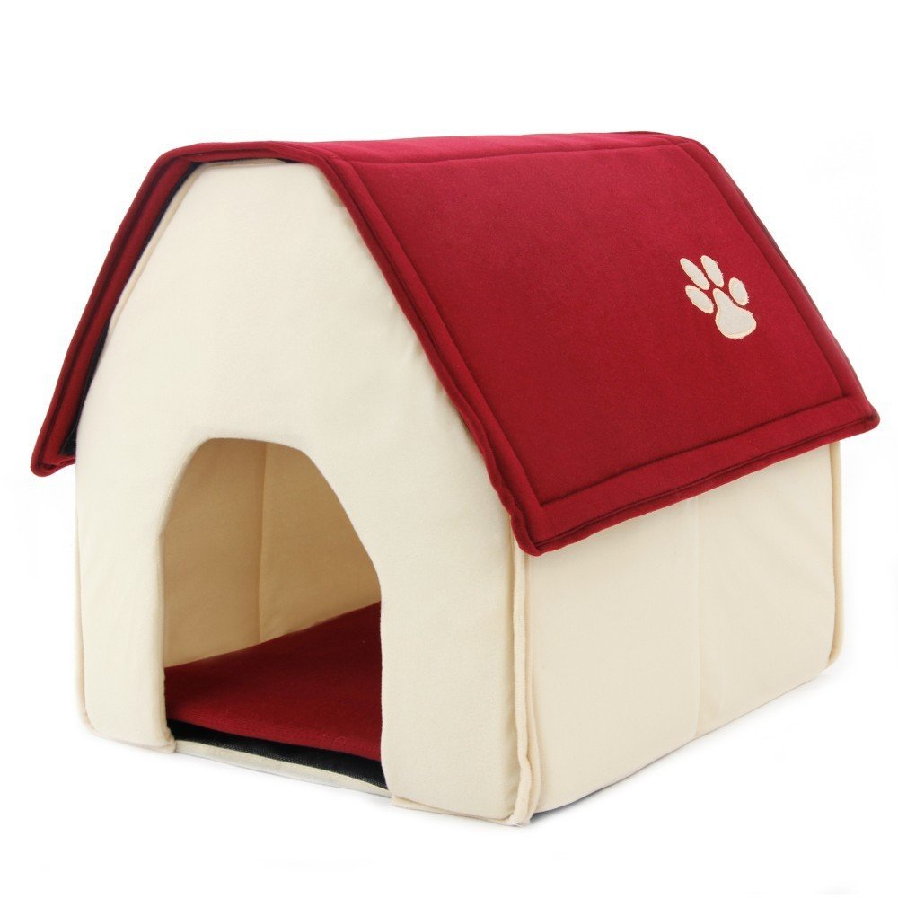 Cama caseta plegable textura suave para mascotas color rojo