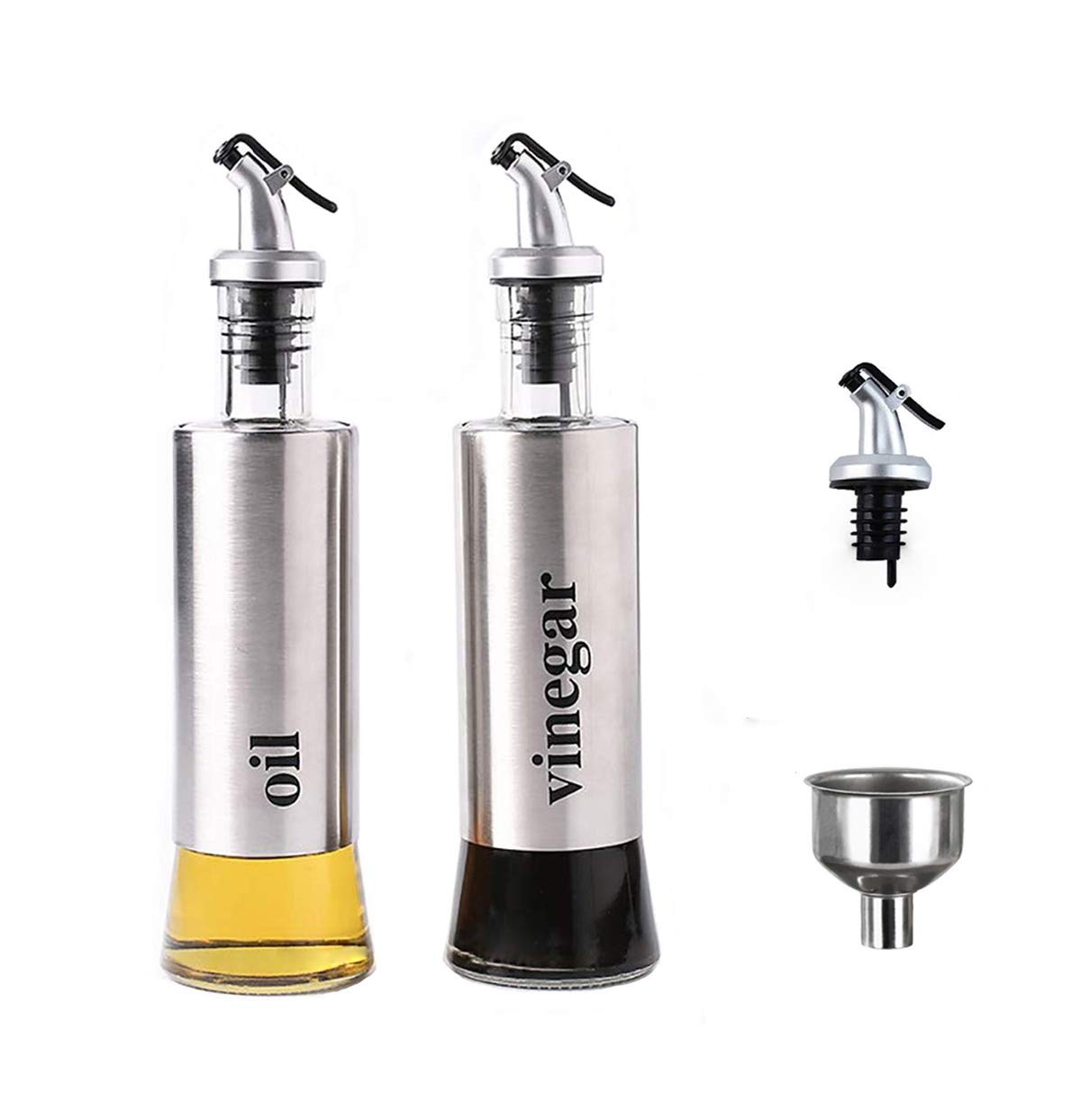 MHTECH Olive Oil and Vinegar Dispenser Bottle Set, Stainless Steel Transparent Glass Oil Bottle with Funnel，set of 2 (silver -300ml)