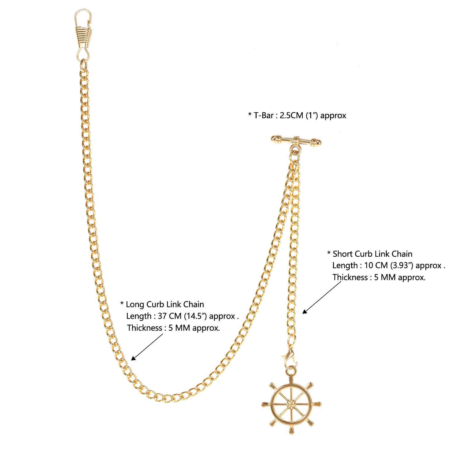 Men's Albert Chain Pocket Watch Curb Link Key Chain 2 Hooks with Antique Rudder Pendant Design Charm Fob T Bar