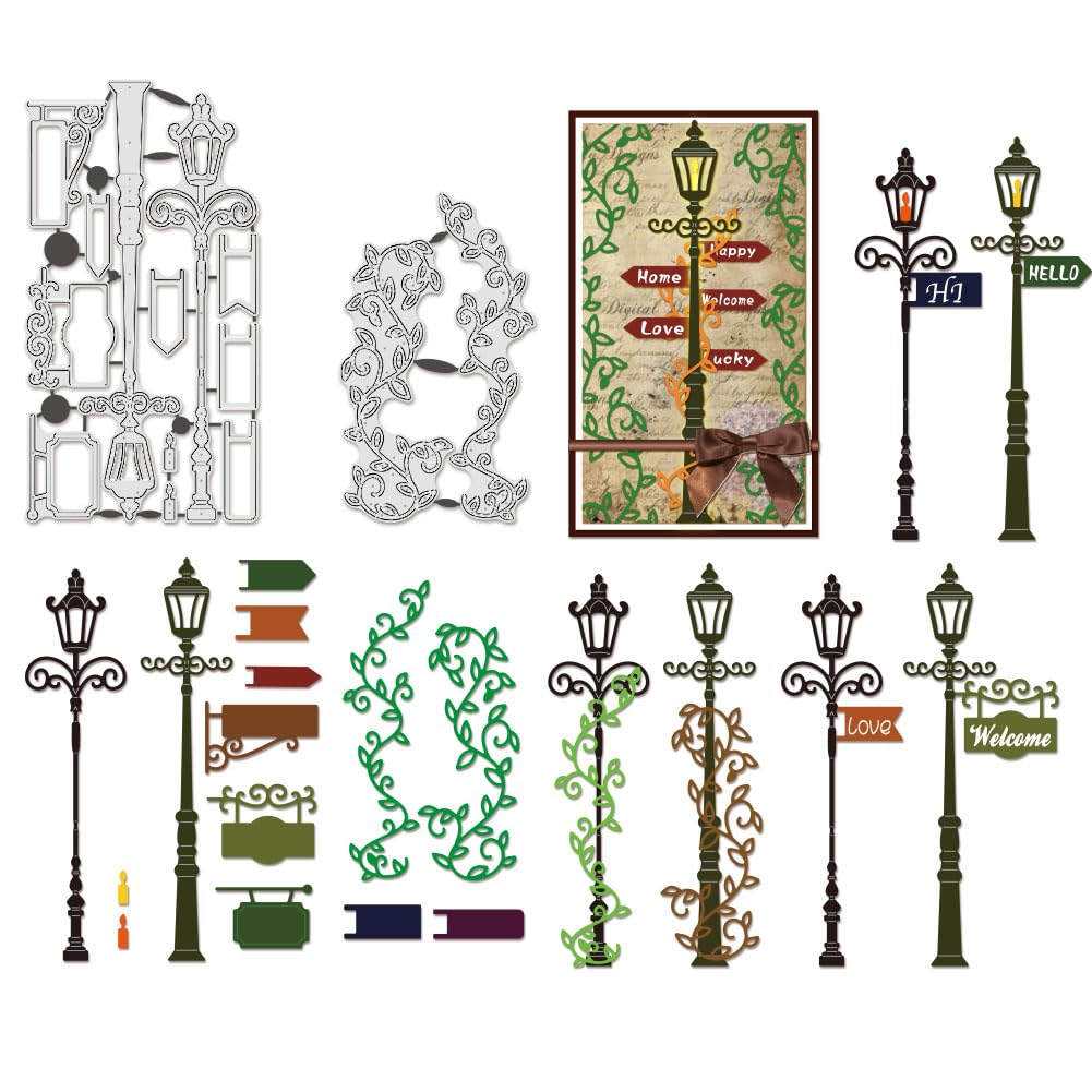 BENECREAT Vines Street Lights Cutting Dies, Traffic Signs Carbon Steel Embossing Templates Metal Stencils for Scrapbooking, Album Photo, Card Making