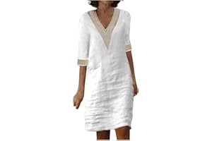 GENERIC Linen Dress Women 2024 Casual Summer 3/4 Sleeve V Neck A Line Knee Length Dress Midi Shirt Cruise Beach Vacation Sun Dresses