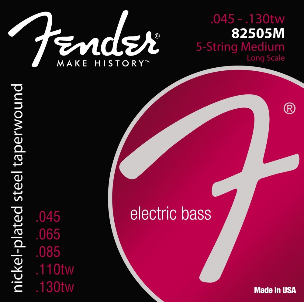 Fender 8250 Bass Strings, Nickel Plated Steel Taper Wound, Long Scale, 8250-5M .045-.130 Gauges, (5)