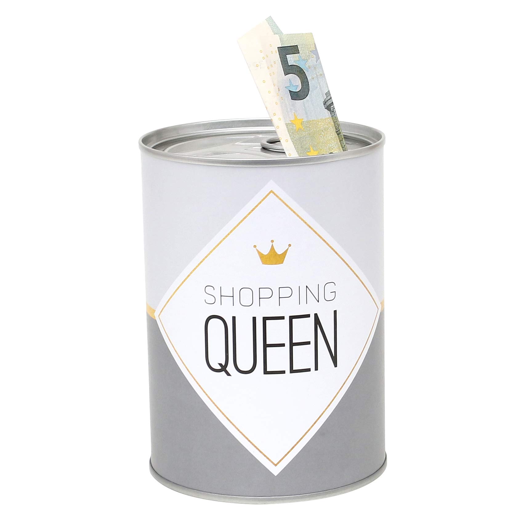 Dekohelden24 Metal Money Box – Tin Design – Shopping Queen – Diameter 8.6 cm x Height, shoppingqueen, Ø 8,6 cm x H 12 cm
