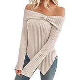 Sumleno Womens Cute Bow Off Shoulder Knitted Sweater Shirt Tops Sexy Side Slit Pullover Trendy Y2k Aesthetic Clothes