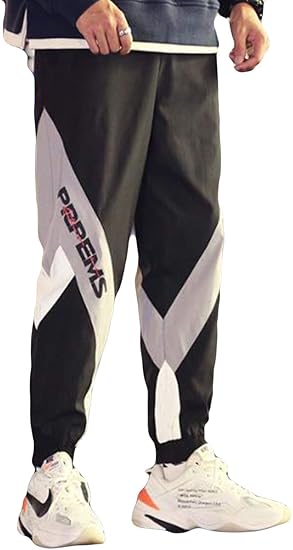 Amazon Alhylaスポーツパンツ メンズ 黒 白 切り替え かっこいい 九分丈 パンツ 男性 プリント柄スキニーパンツ 夏 カジュアル ファッション スウェット パンツ 韓国 ロングパンツ 通販