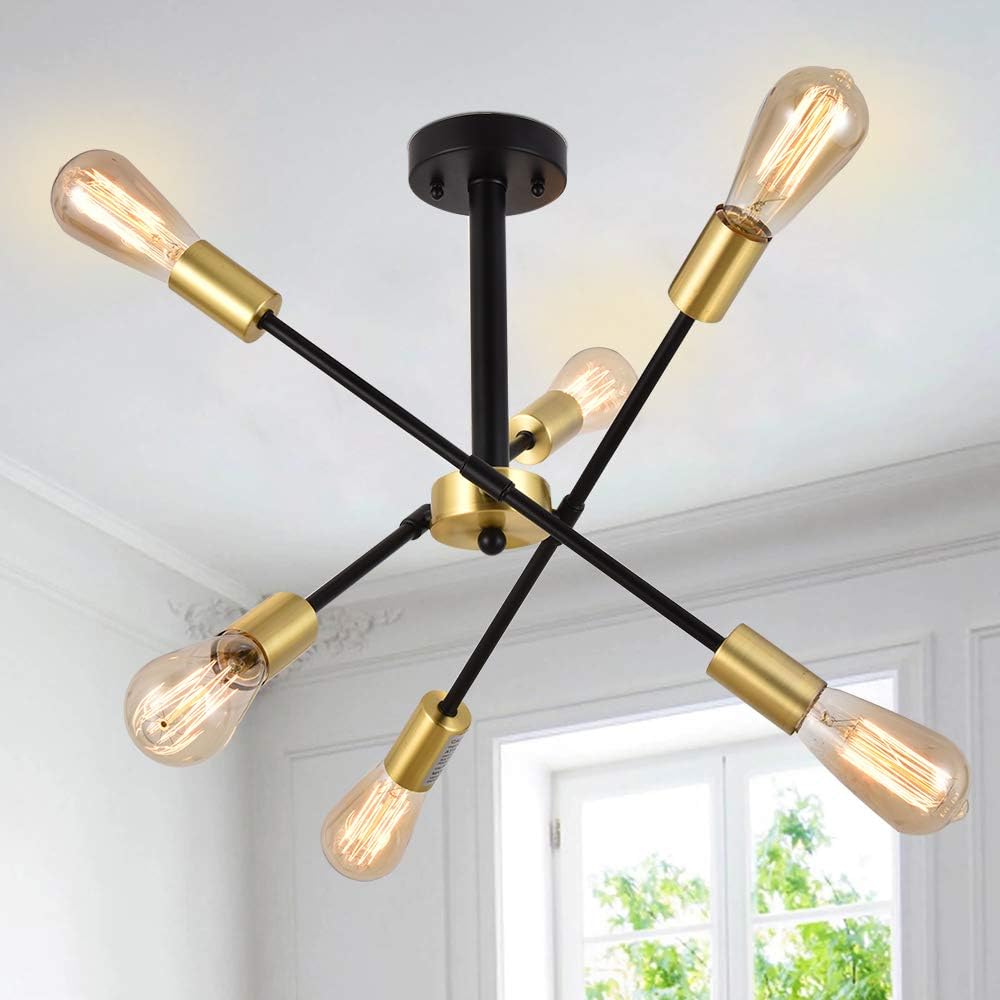 Newsee Sputnik Chandeliers 6 Lights Mid Century Endant Lighting Black Modern Chandelier Ceiling Light Fixture Gold For Living Room Dining Bedroom Kitchen Chandeliers Co Lighting Ceiling Fans