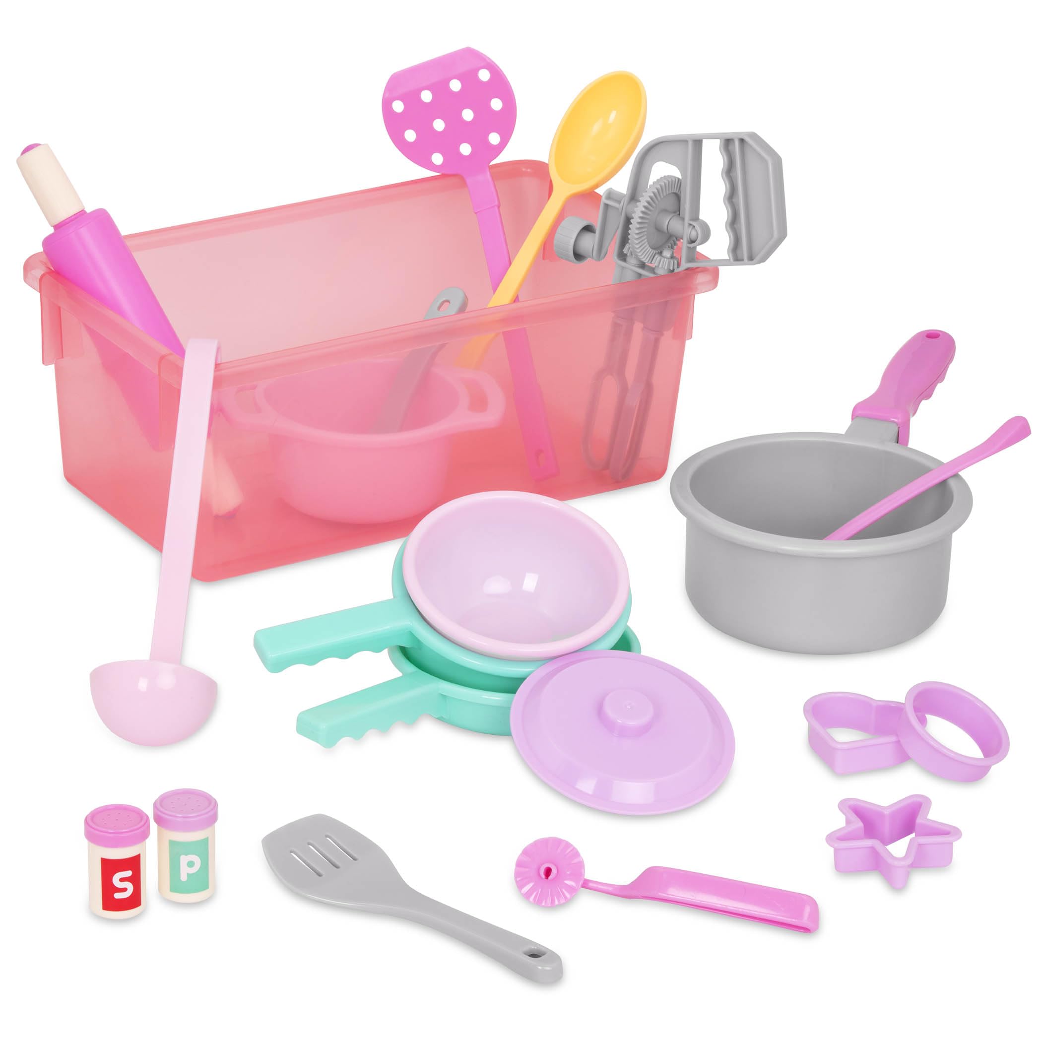 Battat – Play Circle – Cooking & Baking Playset – Hand Mixer, Rolling Pin, Ladle, Spatulas & More – Storage Bin – Kitchen & Cooking Toys for Kids – 3+ Years– Dinner for Eight Cookware