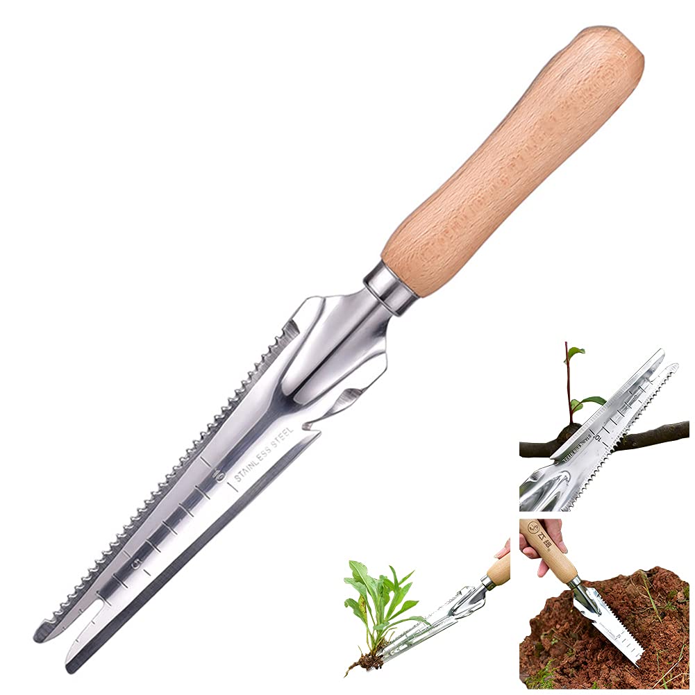 ACHANFLY Garden Weeding Tools Stainless Steel Manual Garden Tools Weed Remover Wood Handle Dandelion Hand Weed Puller Tool with Serration and Scale for Yard Farmland Transplant Cultivating Gadgets