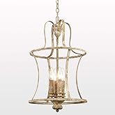 TEENYO French Country Lantern Chandelier 4-Light Distressed White Pendant Light Fixtures with Chain Modern Farmhouse Lantern 