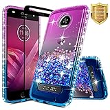 Moto Z2 Play Case with Tempered Glass Screen Protector (Full Coverage) for Girls Women, NageBee Glitter Liquid Bling Floating Waterfall Shockproof Cute Case for Motorola Moto Z2 Play -Purple/Blue