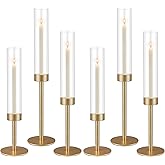 6Pcs Hurricane Glass Candle Holders Gold Candlestick Holders Taper Candle Holder with 9.8" Windproof Clear Cylinder Covers for Outdoor Indoor Tall Candle Stick Holder Decor for Wedding Party Fireplace