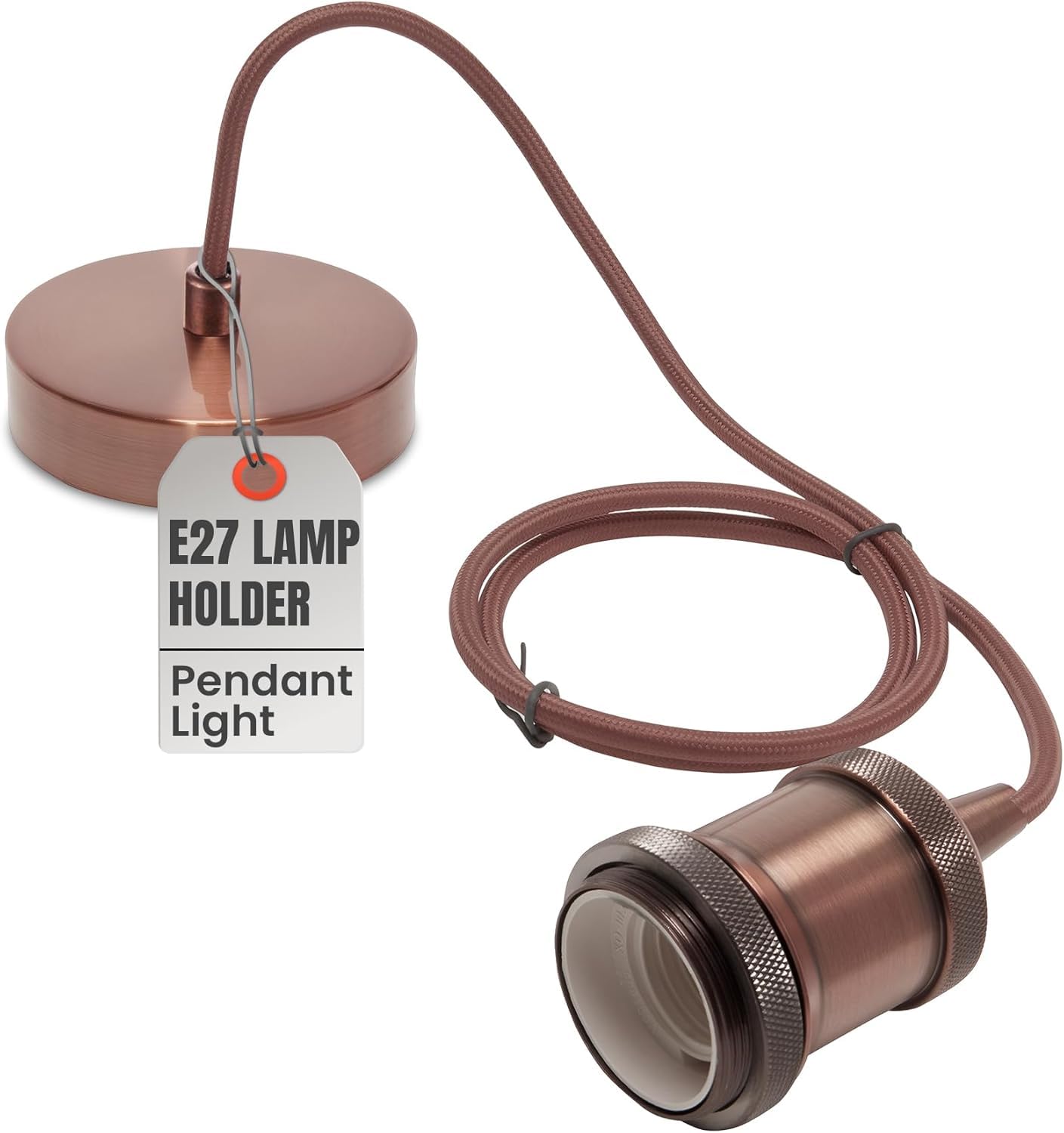 LEDSone Vintage Copper Pendant Light Fitting E27 Lamp Holder with 1m Braided Cable – Industrial Ceiling Hanging Light for Kitchen, Dining Room, Living Room