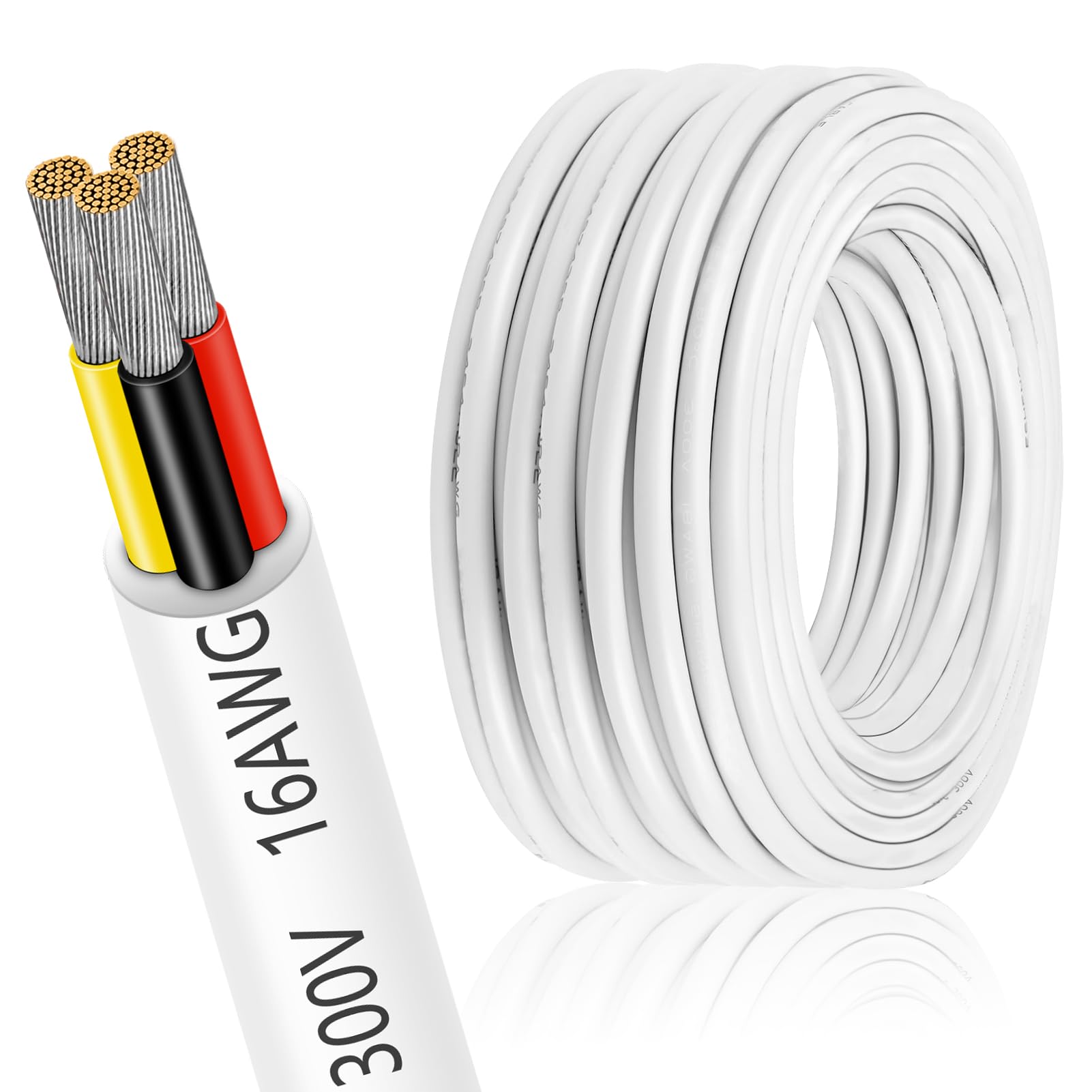 Photo 1 of 16 Gauge Electrical Wire 3 Conductor, 32.8FT 16AWG Insulated Low Voltage Stranded Tinned Copper Wire, 16/3 White Flexible Extension Cable for LED Lamp Lighting Strips Automotive Etc