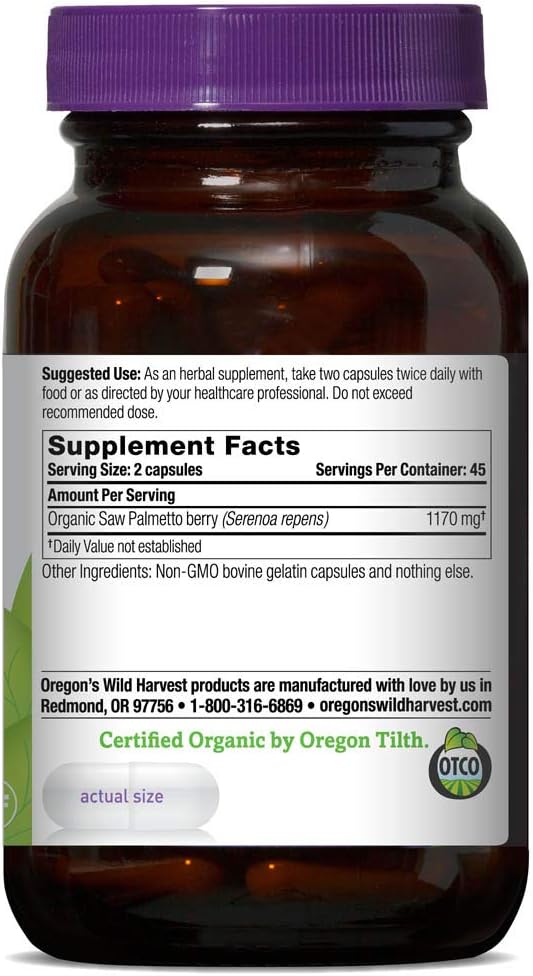Oregon's Wild Harvest, Certified Organic Saw Palmetto Capsules, Non-GMO, 1170 mg, 90 Count: Health & Personal Care