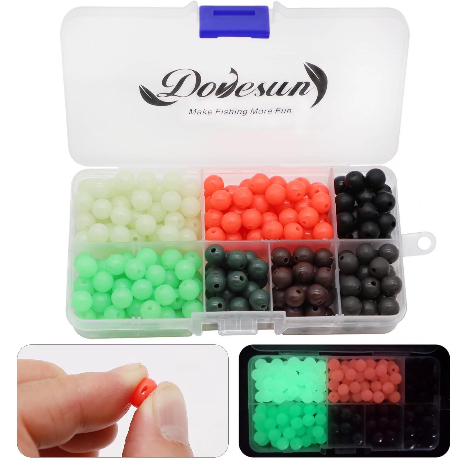 Dovesun Soft Rubber Fishing Beads 7 Colors Round 8mm (0.31in) 250pcs with Fishing Tackle Box