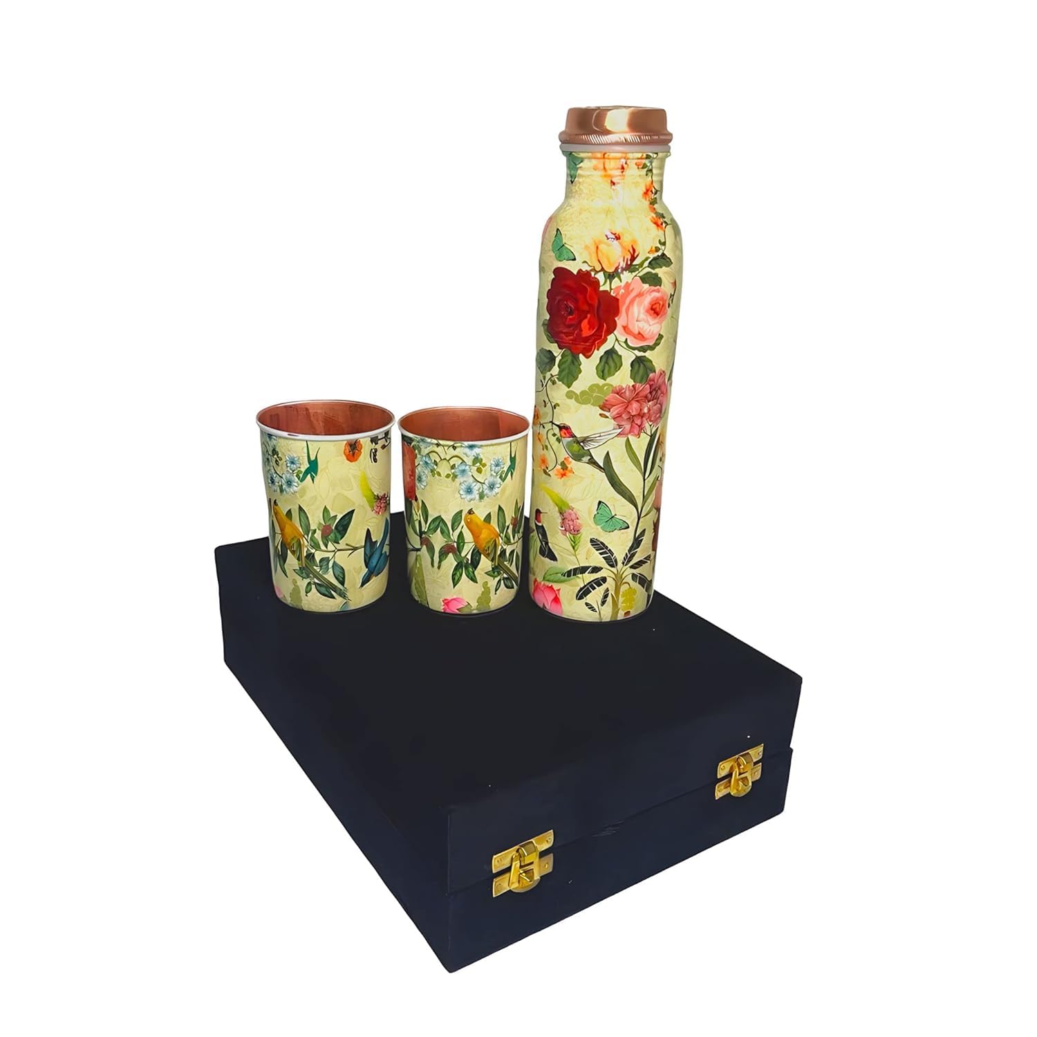 100% Pure Copper White Flower Printed Water Bottle With 2 Glass for Drinking – Large Handcrafted Ayurvedic Copper Water Bottle, Leak Proof Lid – Smooth Finish Copper Bottle Water Vessel (RK358)