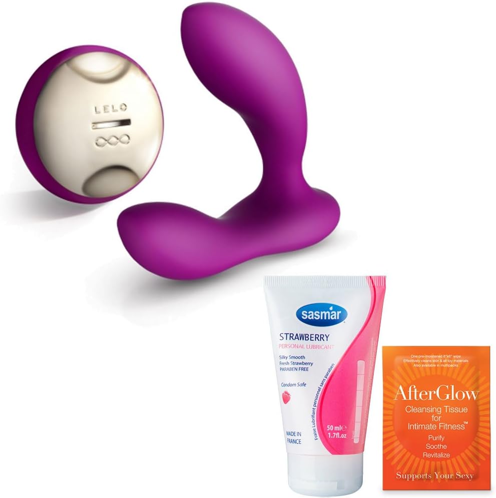 Bundle Kit-LELO HUGO Deep Rose+FDA Approved Sasmar Strawberry Personal Lubricant 1.7 Fl.oz Made in France+1 Free AfterGlow Cleansing Tissue