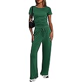 Ekouaer Women's 2 Piece Sets Outfits Short Sleeve Wide Leg Tracksuits Casual Lounge Set Matching Sets with Pockets
