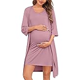SWOMOG Women Maternity Nursing Gown and 3/4 Sleeve Robe Set Labor Delivery Nightgown Breastfeeding Hospital Bathrobe