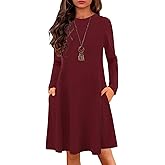 YOVION Girls Fall Long Sleeve Crew Neck Skater A-Line Casual Swing Dress with Pockets for 6-12 Years