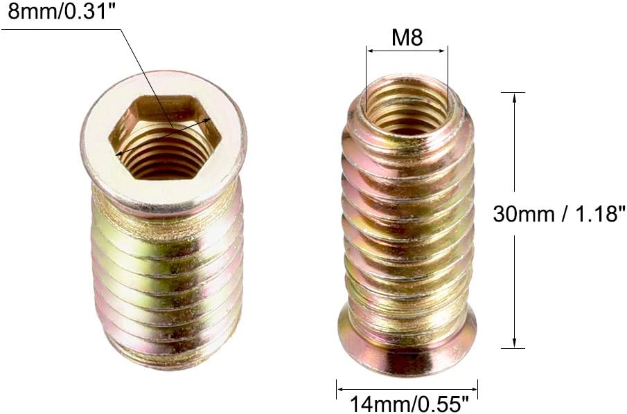 sourcing map Wood Furniture M8x30mm Threaded Insert Nuts Interface Hex Socket Drive 30pcs - Image 4