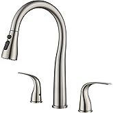 TIORIY 3 Hole Kitchen Faucet with Pull Down Sprayer, Brushed Nickel, Double Handle High Arc Faucet for Kitchen Sink with 3 Mode Spray, Stainless Steel, T-3005BN
