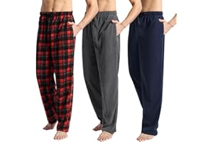OAKVON 3 Pack Men's Fleece Pajama Pants Bottoms– Lounge Sleepwear Plaid PJs with Pockets and Button Fly