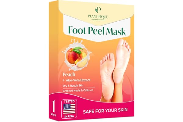 PLANTIFIQUE Foot Peel Mask Dermatologically Tested - 1 Pair Peach Exfoliating Foot Mask for Dry Cracked Feet - Masque Pied Pe