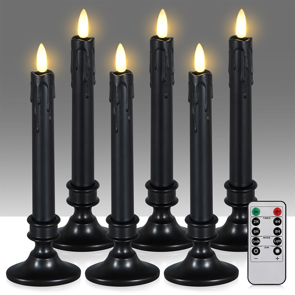Photo 1 of FPOO 6 Pack Flameless Black Taper Candles with Holders-7 Inch Battery Operated Window Candles, LED Electric Candlesticks for Halloween, Table Decor - Remote Included