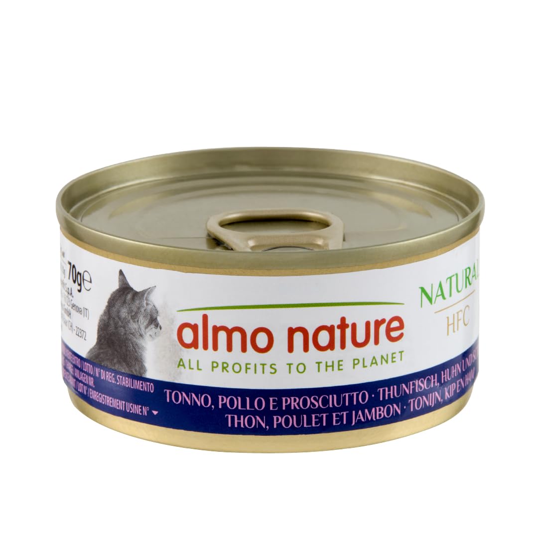 Almo Nature HFC Natural - Wet Cat Food for Adult Cats - Tuna, Chicken and Ham - Human Grade, Gluten Free - 70g, Pack of 24
