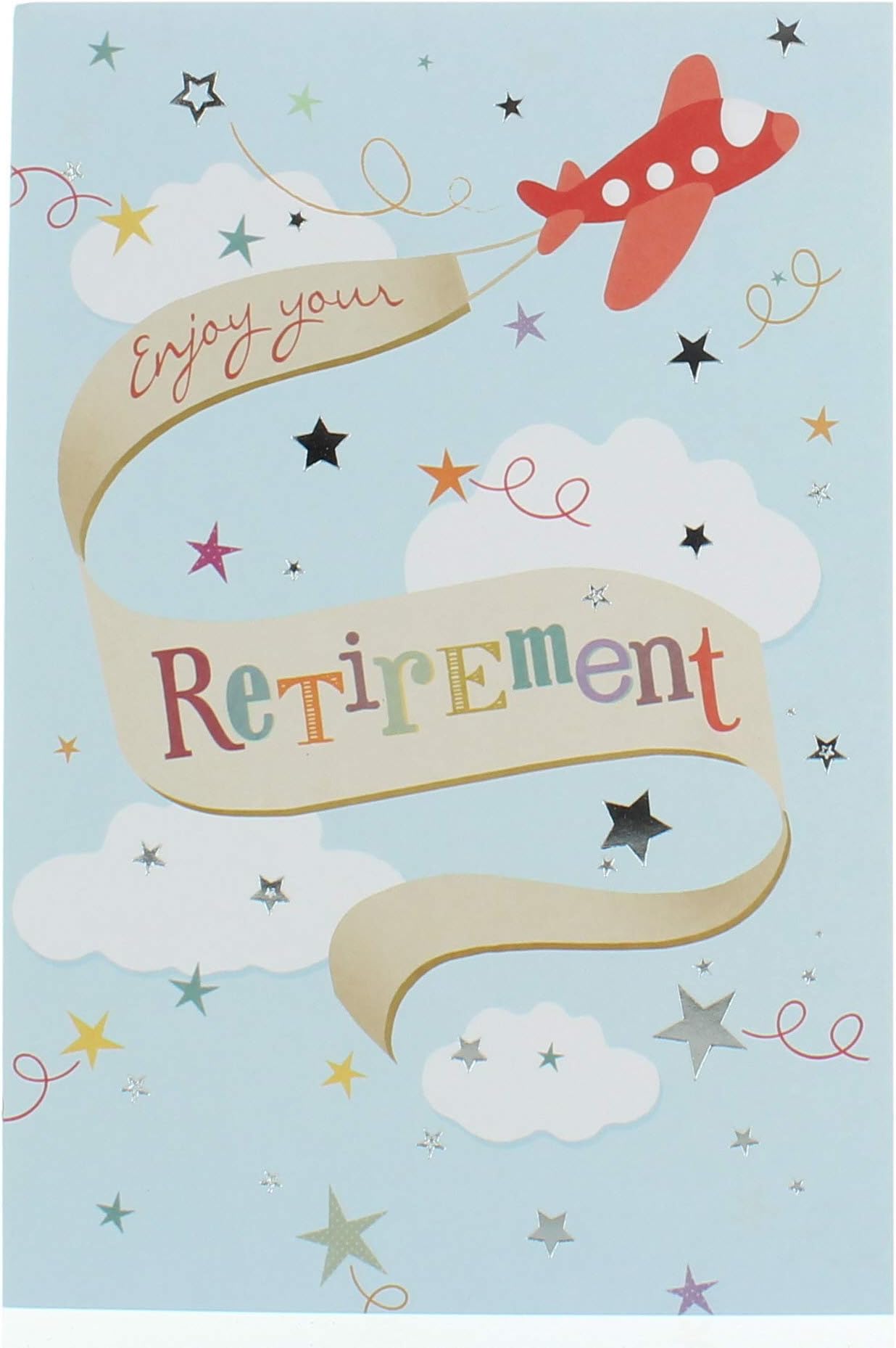 Retirement Greetings Card - Plane with Multicoloured Writing and Foil Stars 7.75 x 5.25"
