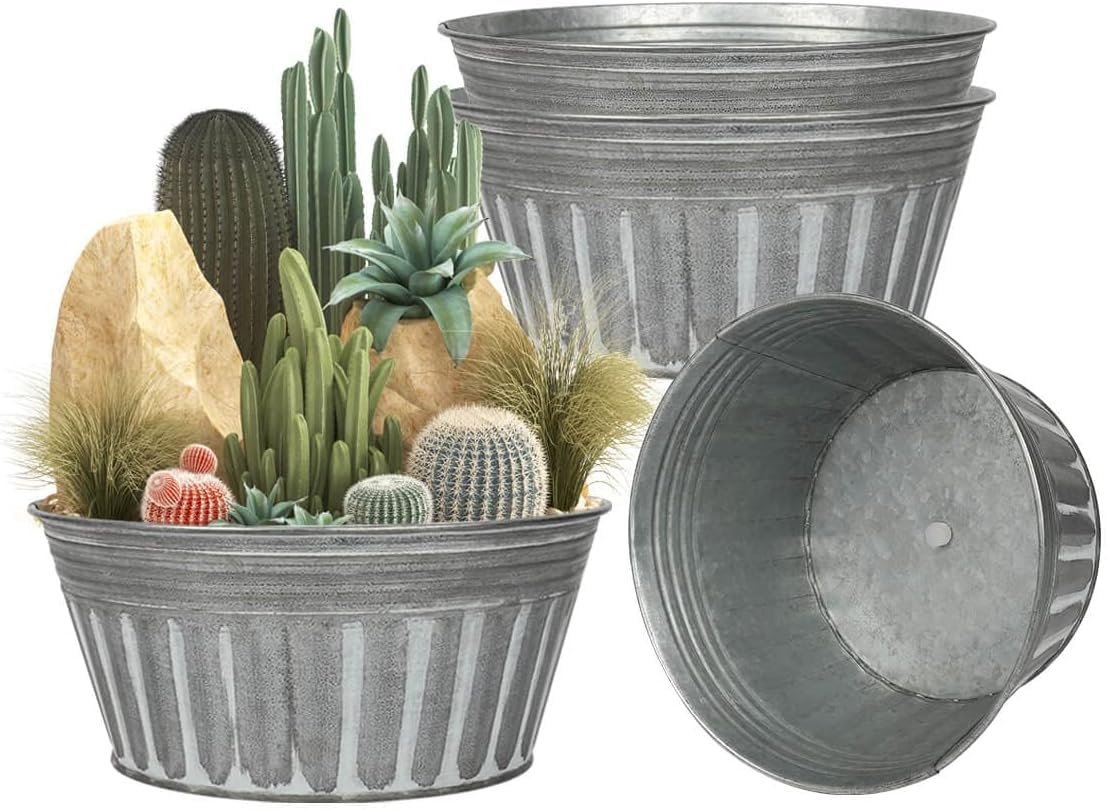 vensovo 25.4 CM Silver Metal Rustic Plant Pots - 4 Pcs Large Shallow Galvanized Planters with Drain Hole and Rubber Plug, Rustproof Tin Bucket Succulent Pot Indoor Farmhouse Vintage Style for Decor — image 1