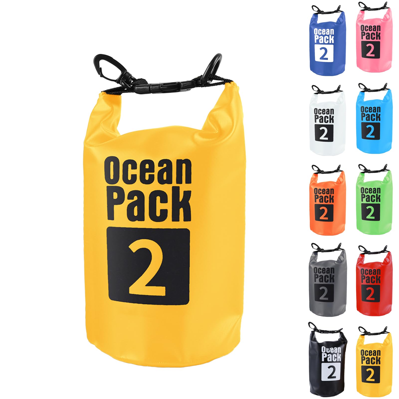 Dry Bag 2L, Boat Dry Bags Yellow Waterproof Bag Dry Sack Roll Top Long Adjustable Shoulder Strap 2L/5L/10L/20L/30L/40L for Drifting Boating Kayaking Fishing Rafting Swimming Camping Canoeing Surfing