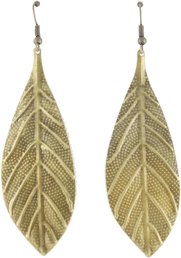 Gold Tone Light-weight Detailed Leaf Dangle Drop Earrings (Leaf C)