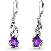 DOTOUJOUR 10x7MM Genuine Amethyst Leaf Dangle Earring for Women 925 Sterling Silver Natural Amethyst Drop Earrings Jewelry for Her Wife Mom