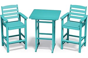 SERWALL Balcony Adirondack Chairs and Table 3 Pieces Set, Adirondack Bar Height Chairs Set of 2 and Bar Table, Outdoor Bar Stools Set for Bistro, Poolside, Backyard, Aruba