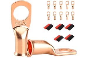 SDZONGES 10 PCS Battery Terminal Connectors, Battery Cable Ends Lugs, 6 Gauge Wire Connectors, 6 AWG 3/8" Stud Ring Terminals, Copper Wire Lugs with Heat Shrink Tubing.