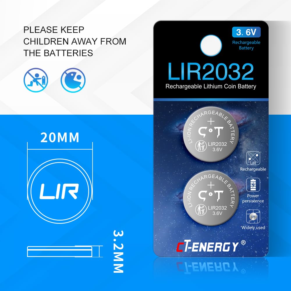 Rechargeable LIR2032 Batteries 3.6V Lithium Ion Button Coin Cell Batteries 2PCS AirTag Key Fobs Watch Battery Replacing